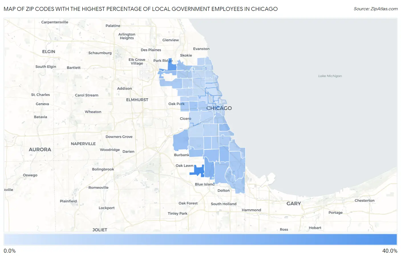 Zip Codes with the Highest Percentage of Local Government Employees in Chicago Map