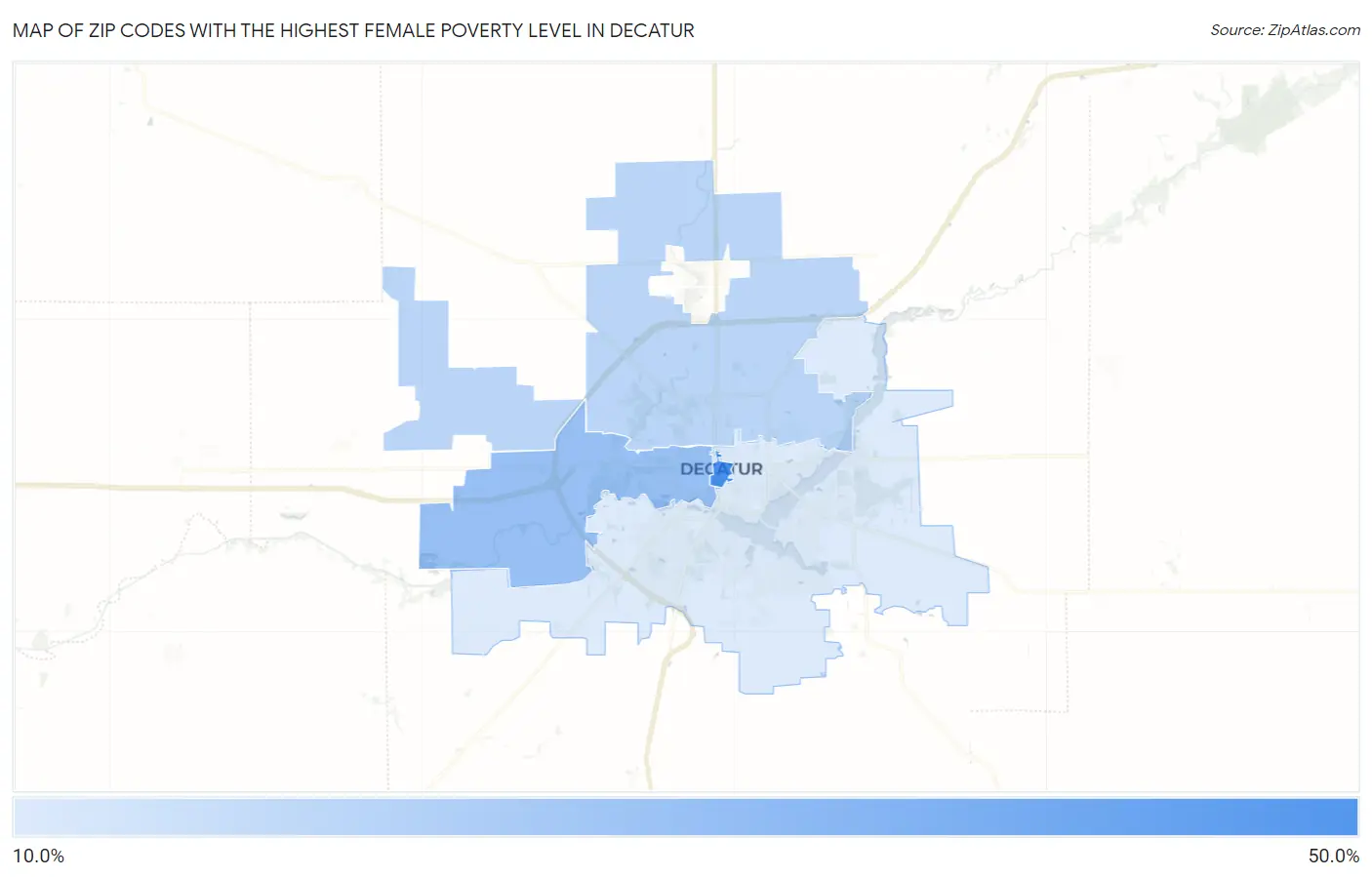 Zip Codes with the Highest Female Poverty Level in Decatur Map