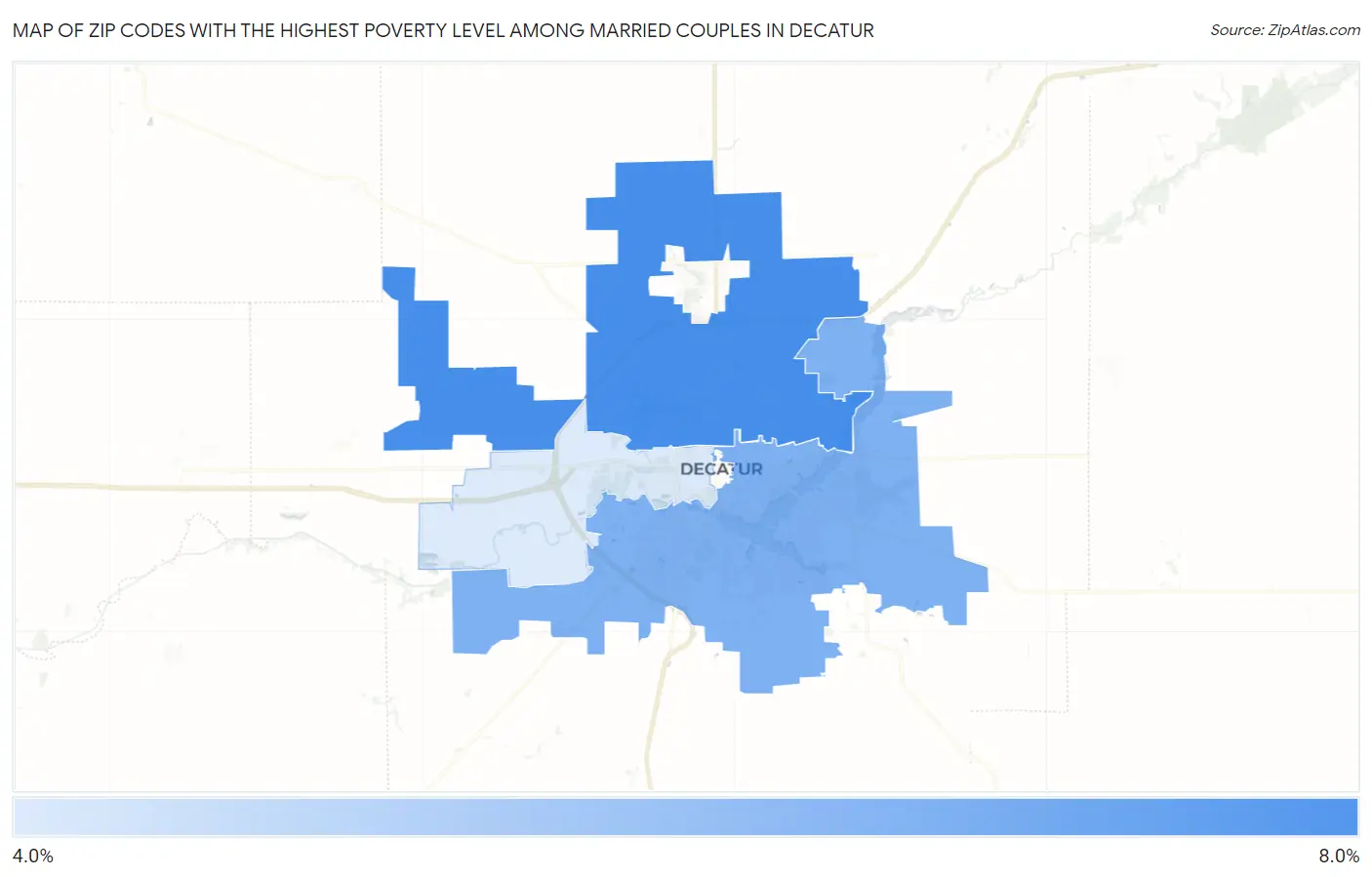 Zip Codes with the Highest Poverty Level Among Married Couples in Decatur Map