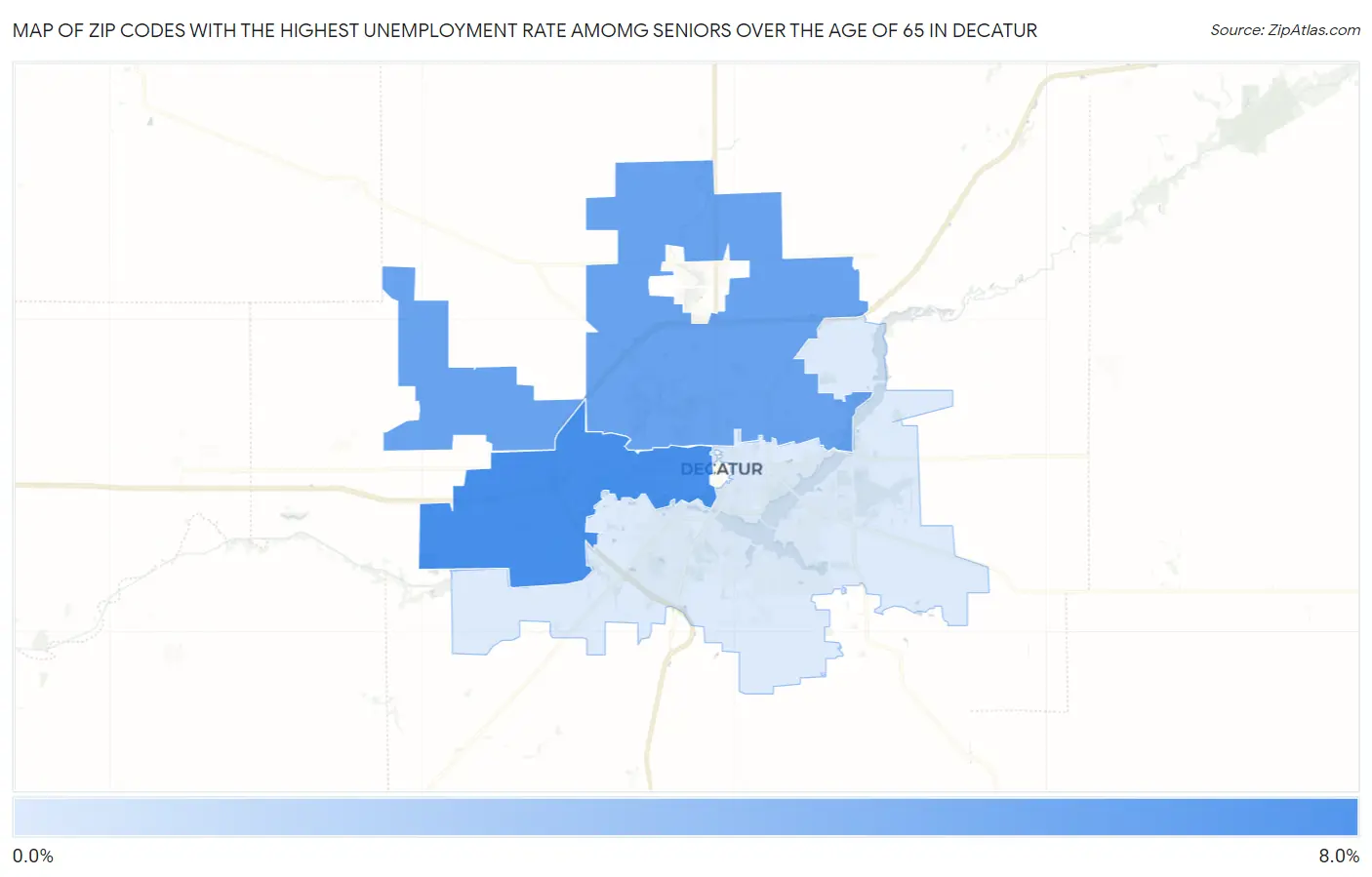 Zip Codes with the Highest Unemployment Rate Amomg Seniors Over the Age of 65 in Decatur Map