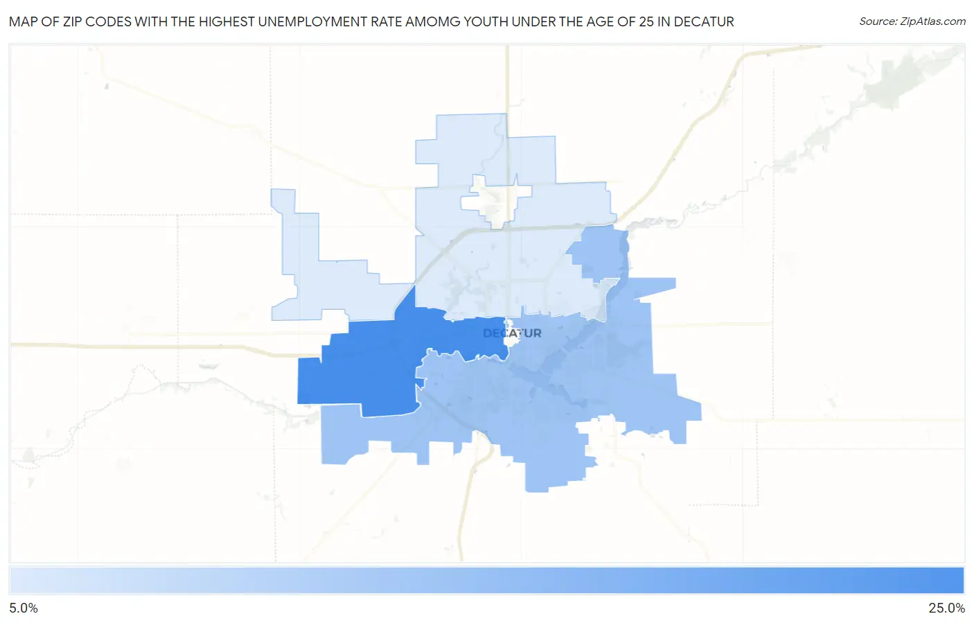 Zip Codes with the Highest Unemployment Rate Amomg Youth Under the Age of 25 in Decatur Map