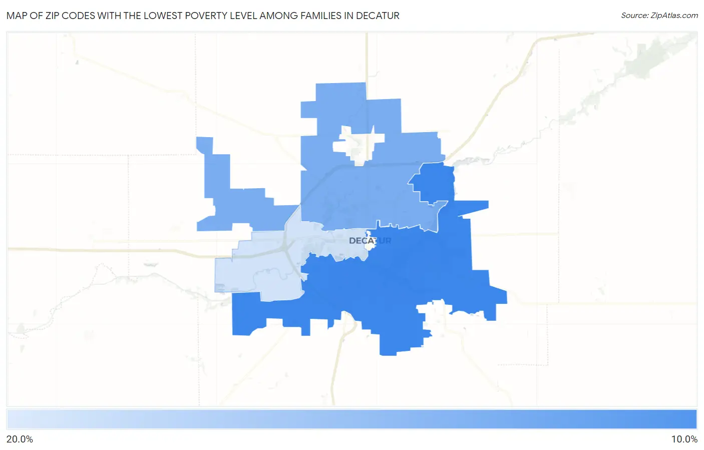 Zip Codes with the Lowest Poverty Level Among Families in Decatur Map
