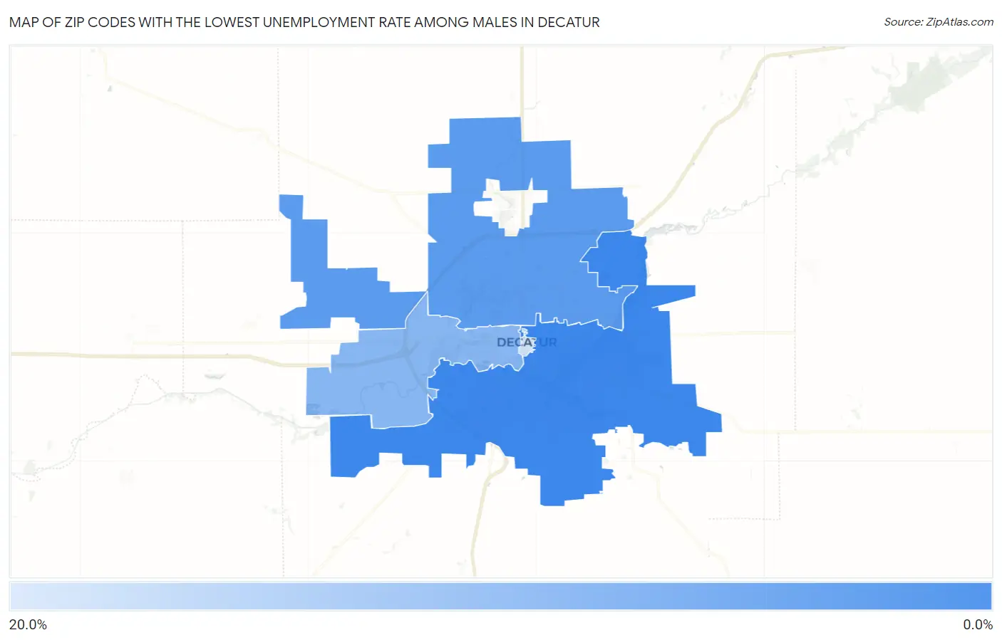 Zip Codes with the Lowest Unemployment Rate Among Males in Decatur Map