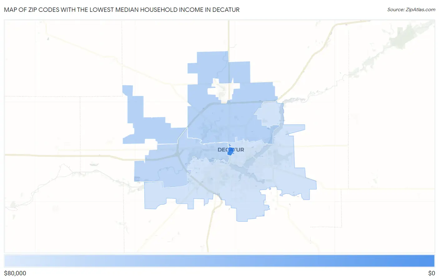 Zip Codes with the Lowest Median Household Income in Decatur Map