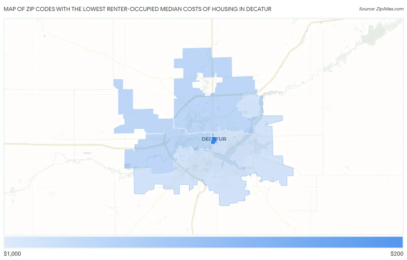 Zip Codes with the Lowest Renter-Occupied Median Costs of Housing in Decatur Map