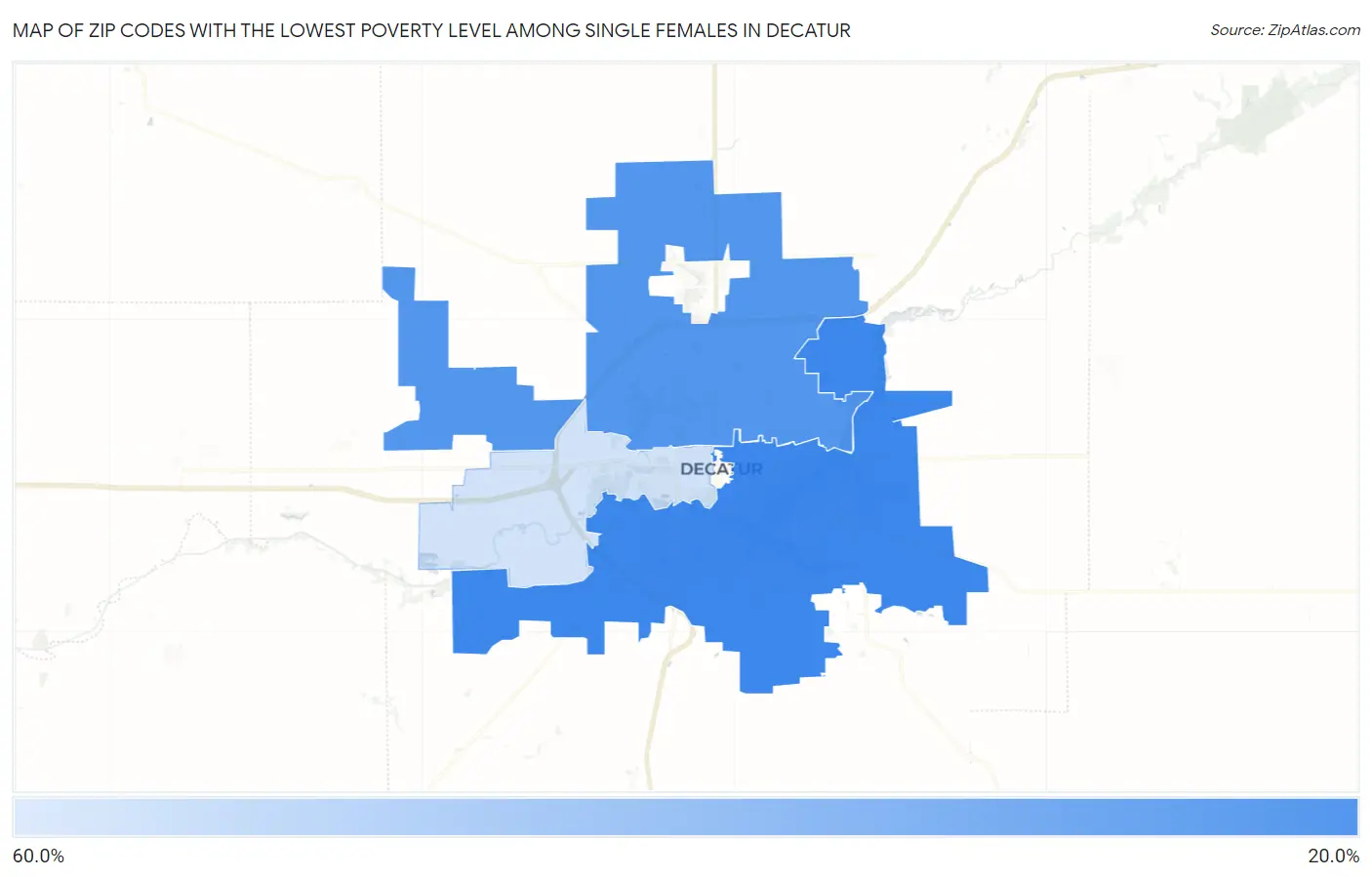 Zip Codes with the Lowest Poverty Level Among Single Females in Decatur Map
