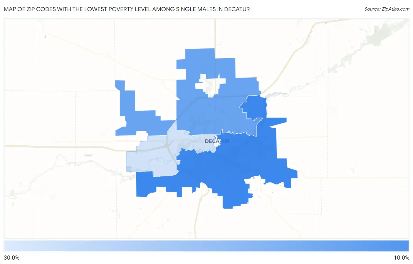 Zip Codes with the Lowest Poverty Level Among Single Males in Decatur Map