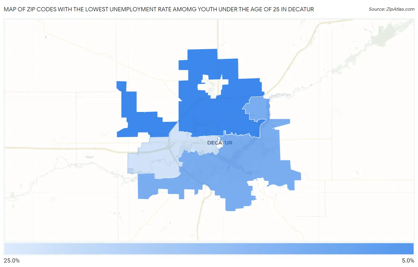 Zip Codes with the Lowest Unemployment Rate Amomg Youth Under the Age of 25 in Decatur Map