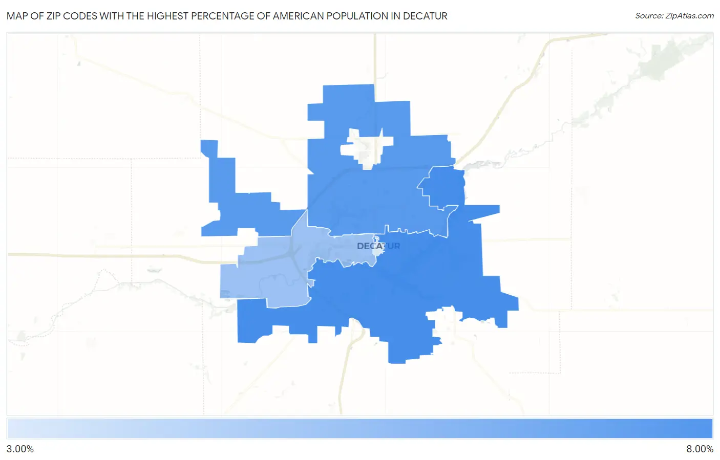 Zip Codes with the Highest Percentage of American Population in Decatur Map