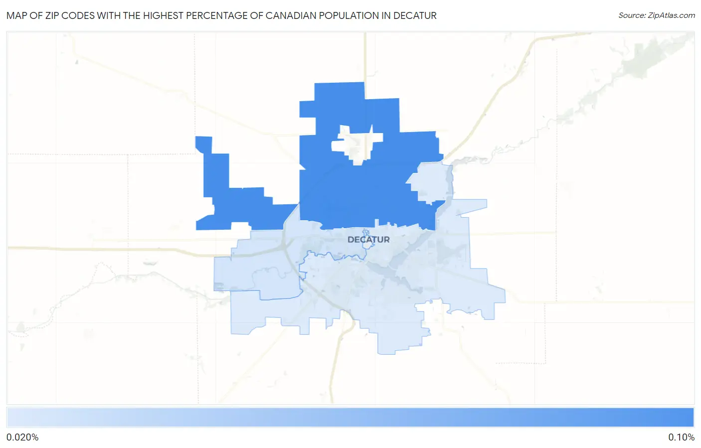 Zip Codes with the Highest Percentage of Canadian Population in Decatur Map