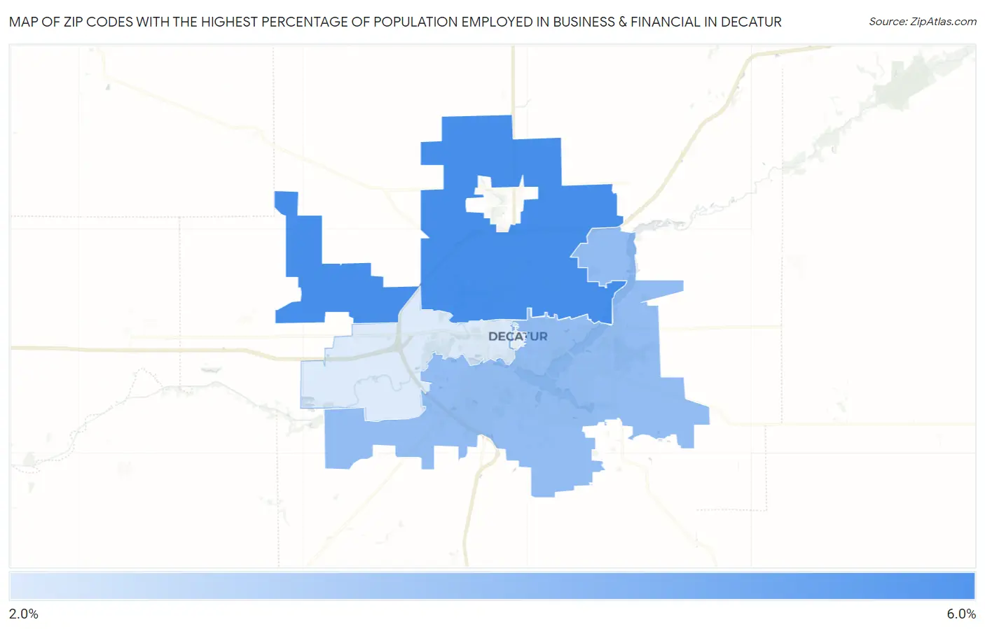 Zip Codes with the Highest Percentage of Population Employed in Business & Financial in Decatur Map