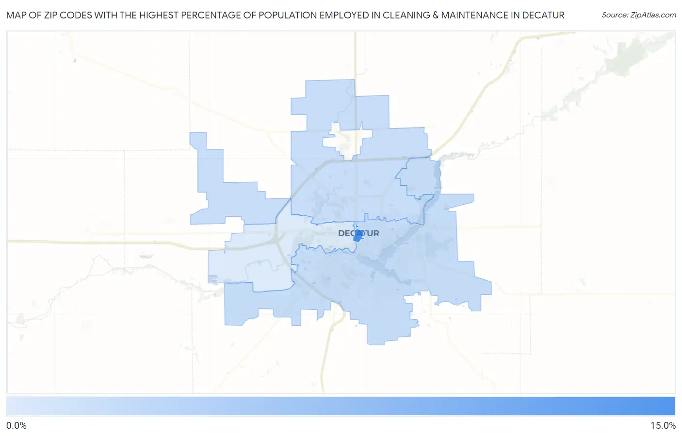 Zip Codes with the Highest Percentage of Population Employed in Cleaning & Maintenance in Decatur Map