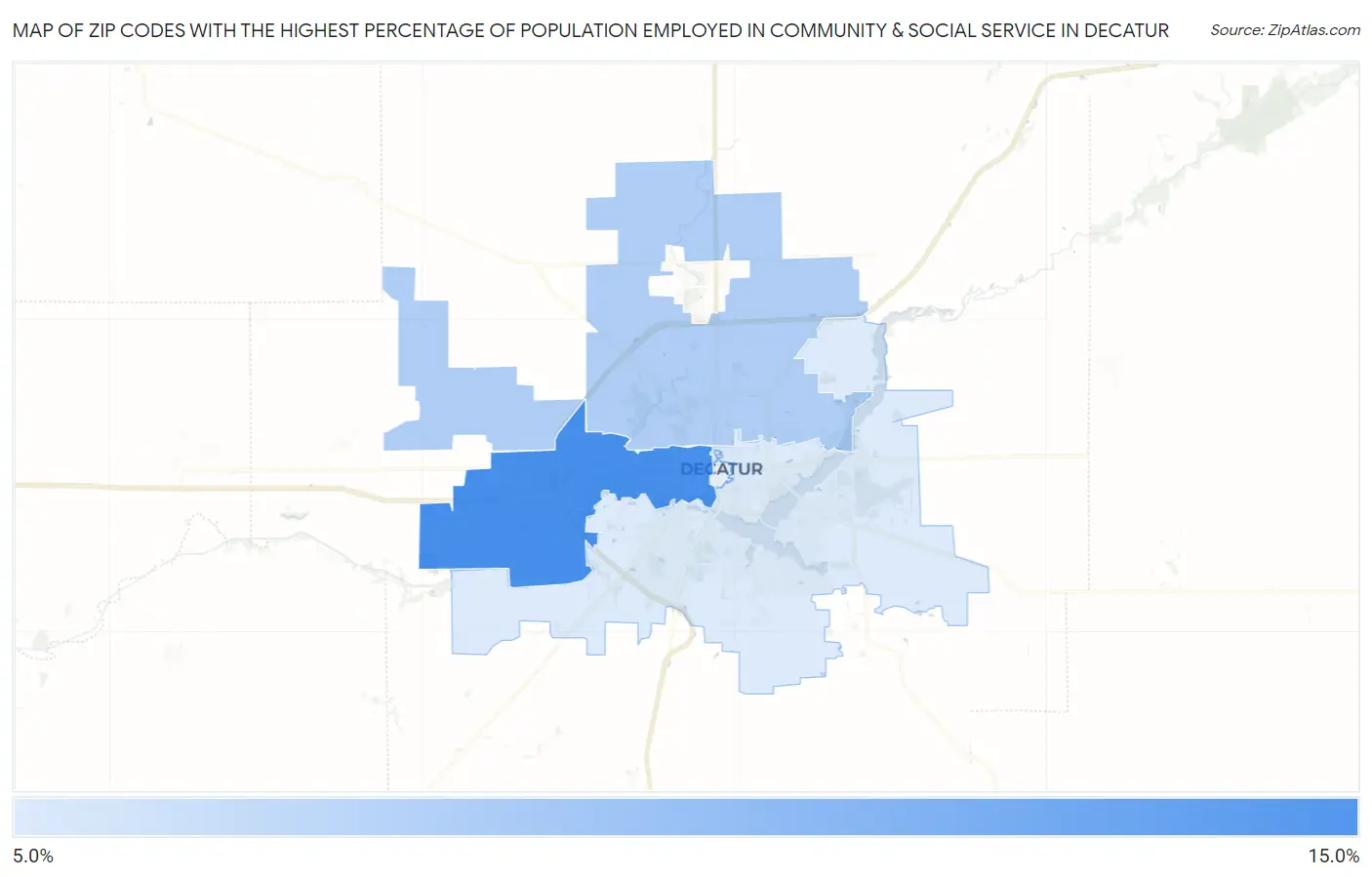 Zip Codes with the Highest Percentage of Population Employed in Community & Social Service  in Decatur Map