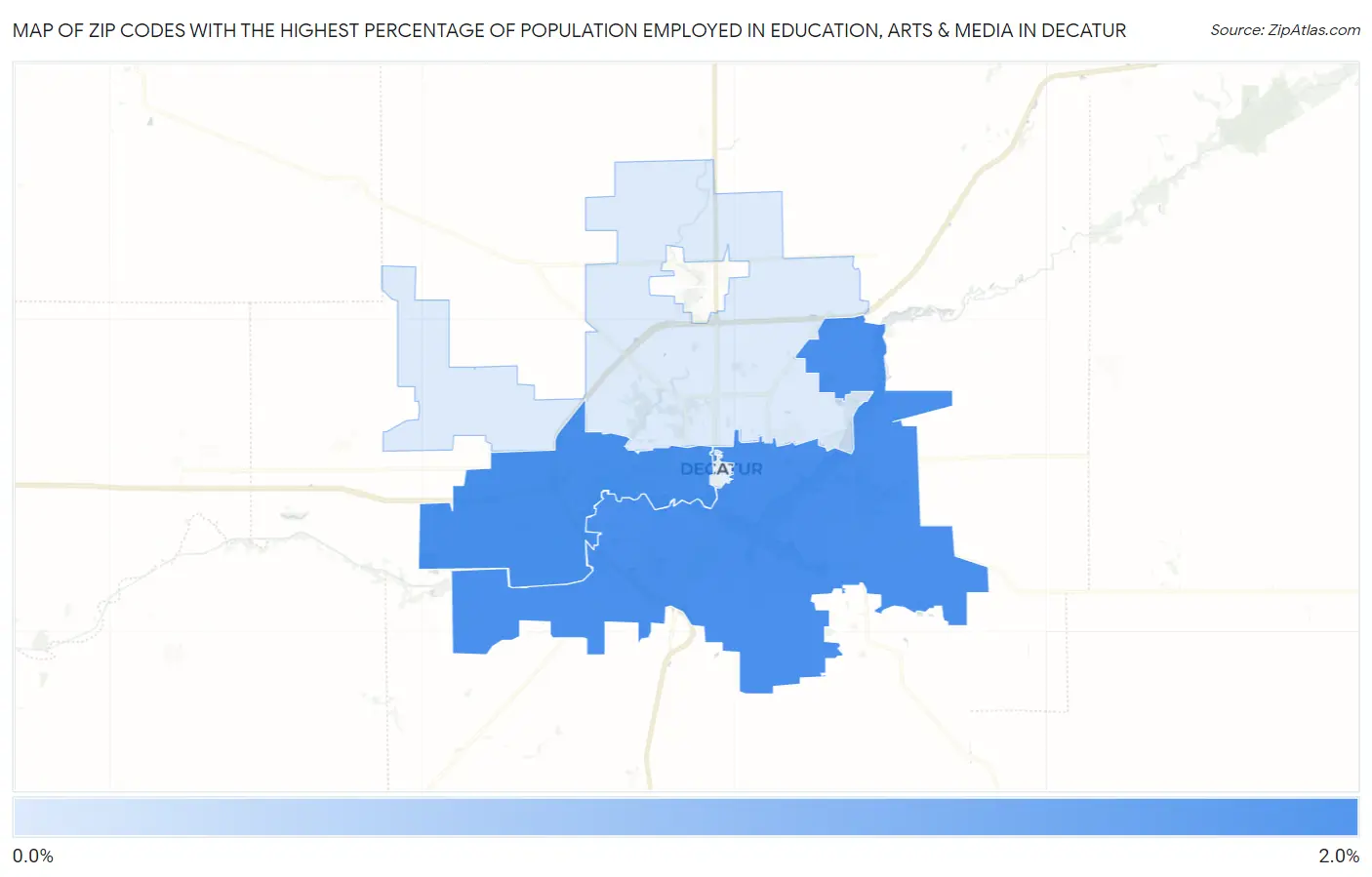 Zip Codes with the Highest Percentage of Population Employed in Education, Arts & Media in Decatur Map