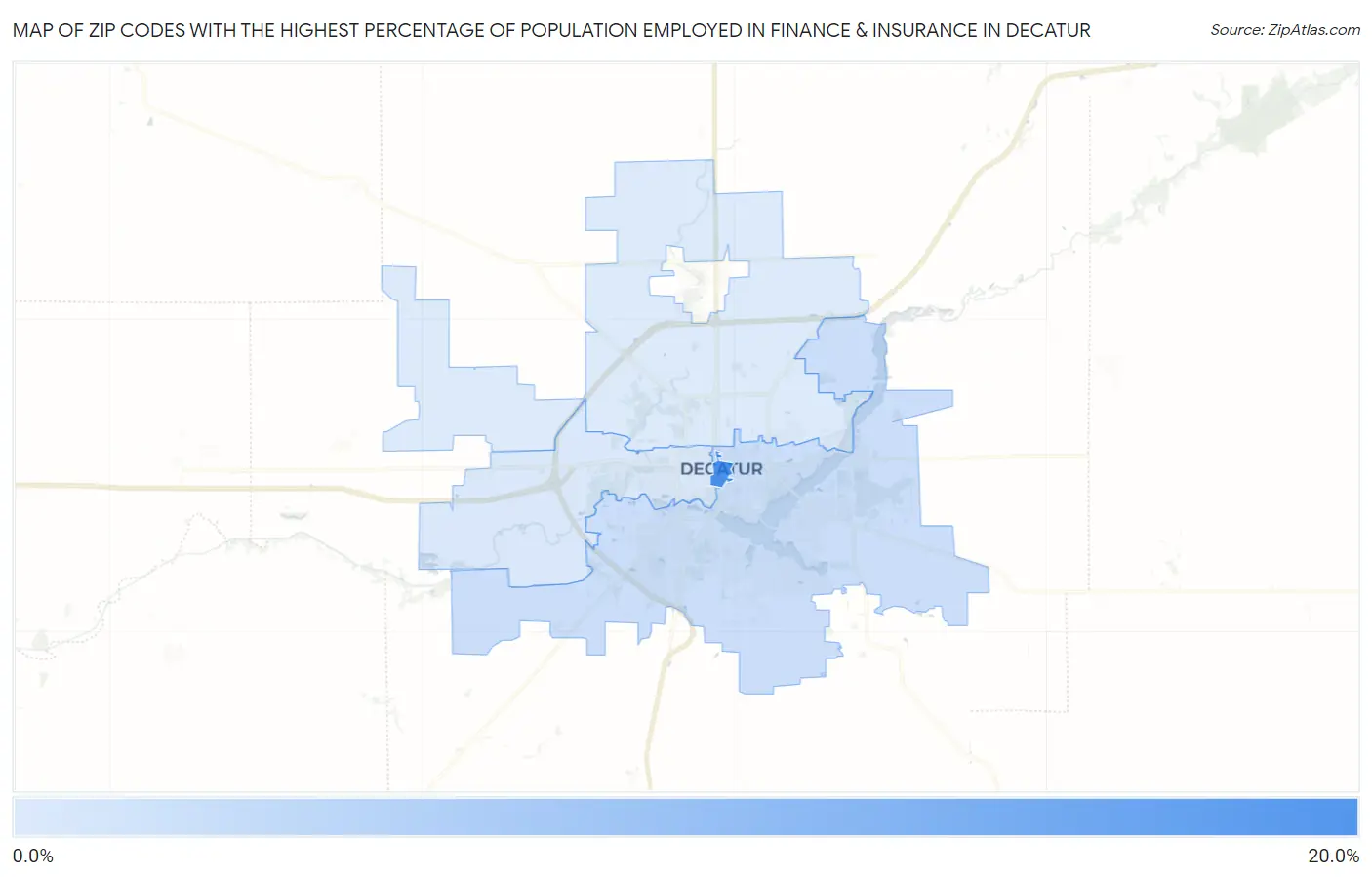 Zip Codes with the Highest Percentage of Population Employed in Finance & Insurance in Decatur Map
