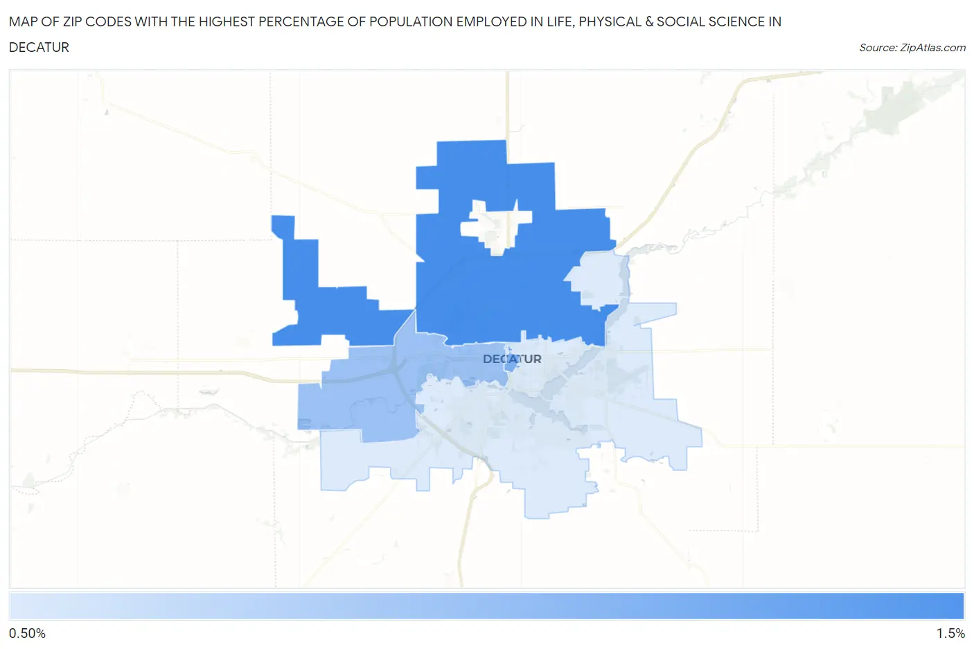 Zip Codes with the Highest Percentage of Population Employed in Life, Physical & Social Science in Decatur Map