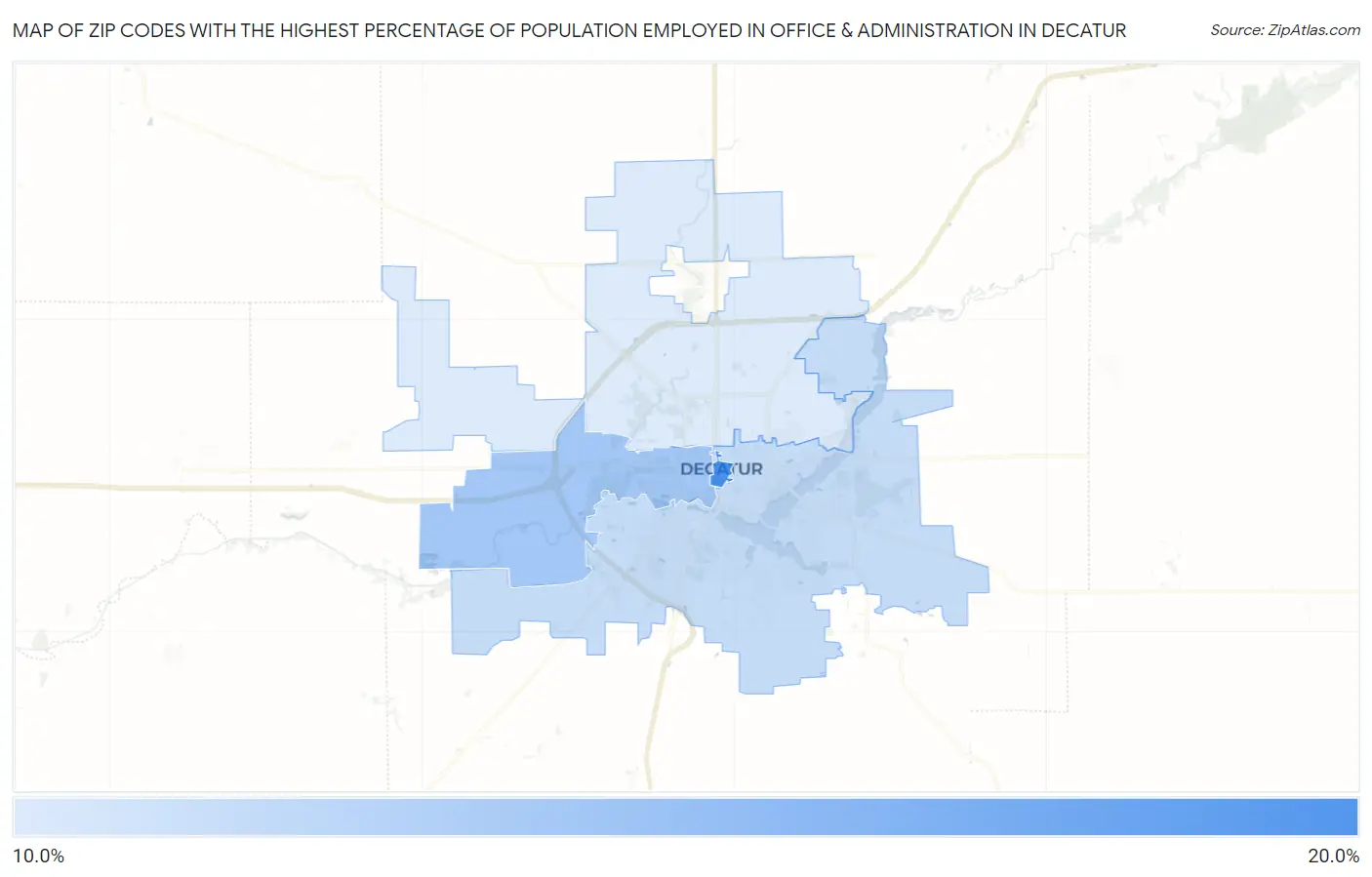 Zip Codes with the Highest Percentage of Population Employed in Office & Administration in Decatur Map