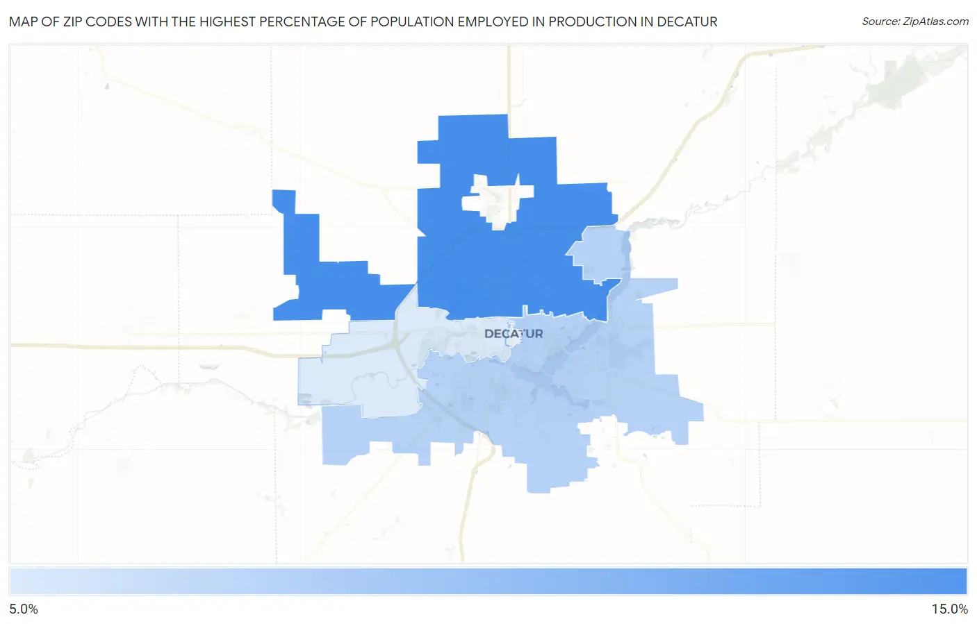 Zip Codes with the Highest Percentage of Population Employed in Production in Decatur Map