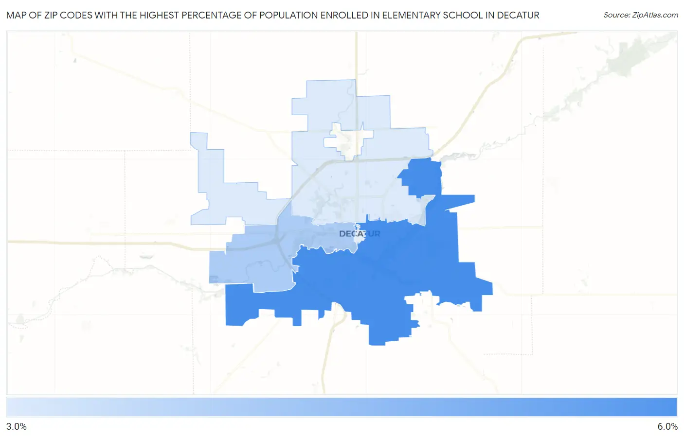 Zip Codes with the Highest Percentage of Population Enrolled in Elementary School in Decatur Map