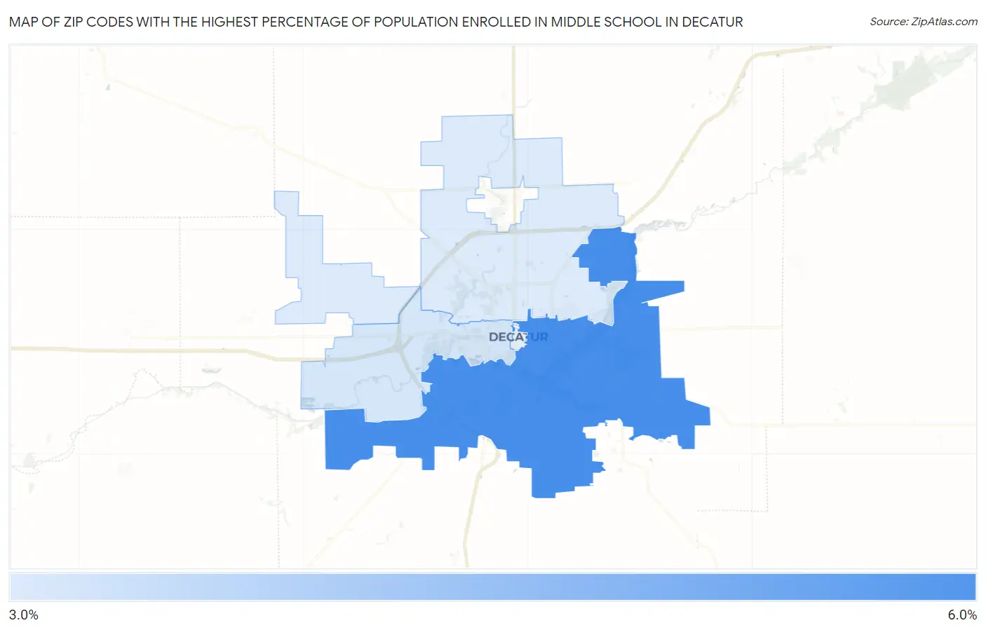 Zip Codes with the Highest Percentage of Population Enrolled in Middle School in Decatur Map