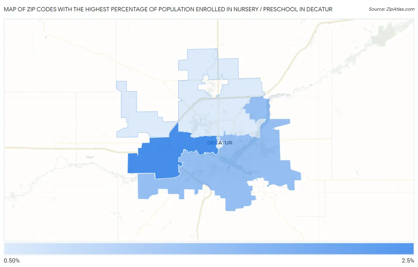 Zip Codes with the Highest Percentage of Population Enrolled in Nursery / Preschool in Decatur Map