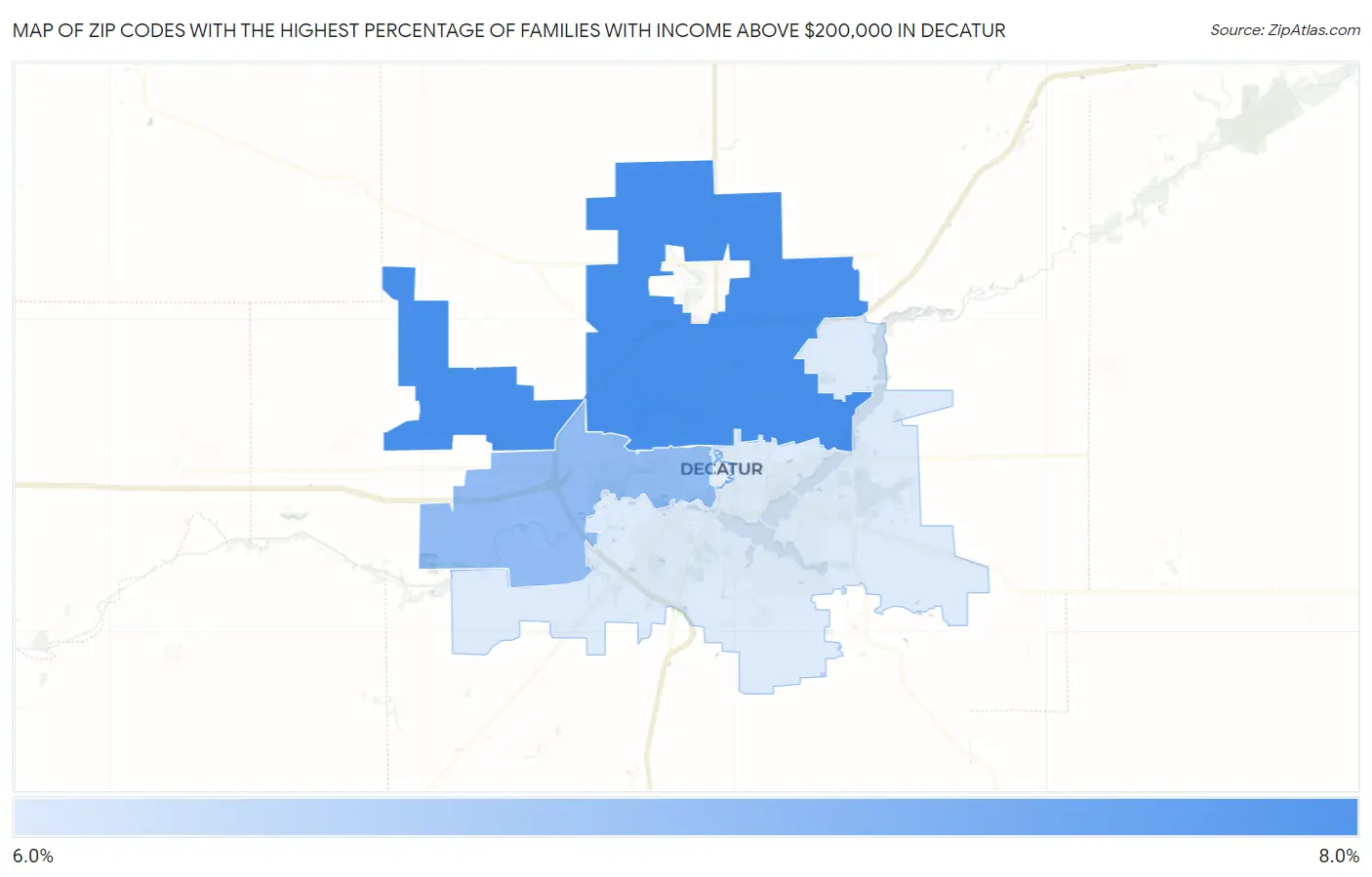 Zip Codes with the Highest Percentage of Families with Income Above $200,000 in Decatur Map