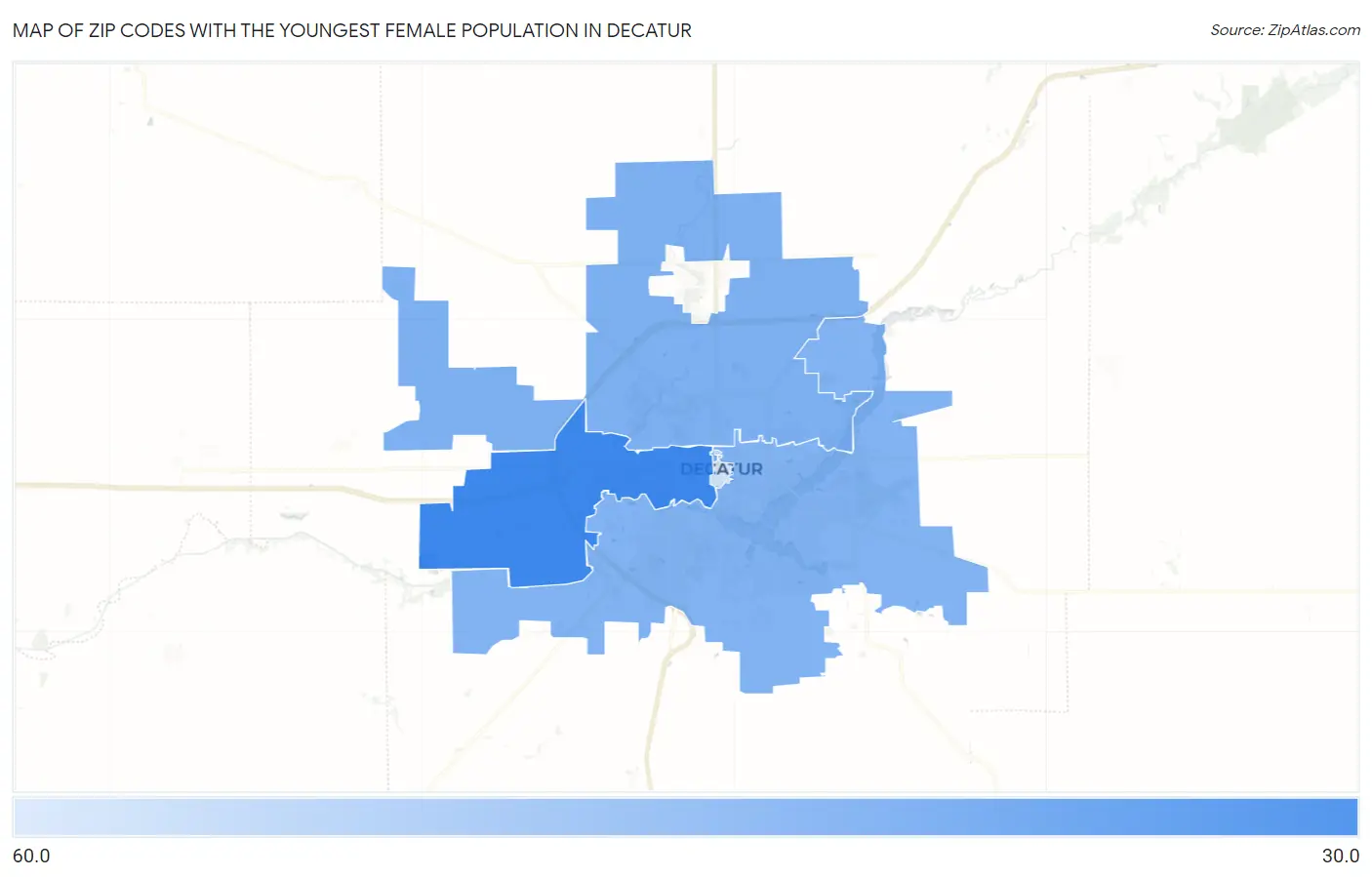 Zip Codes with the Youngest Female Population in Decatur Map