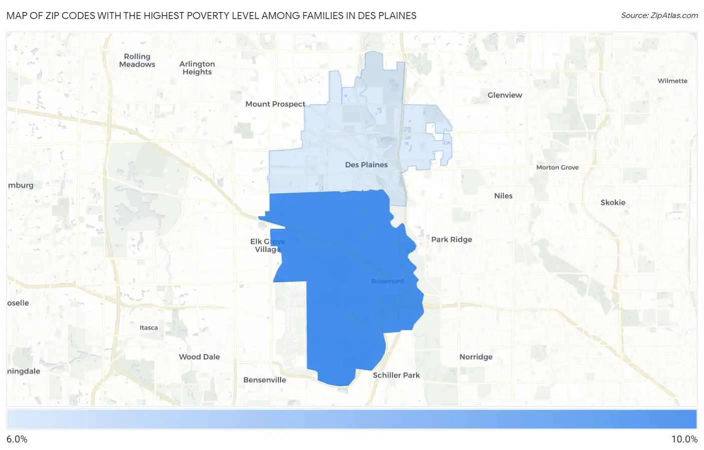 Zip Codes with the Highest Poverty Level Among Families in Des Plaines Map
