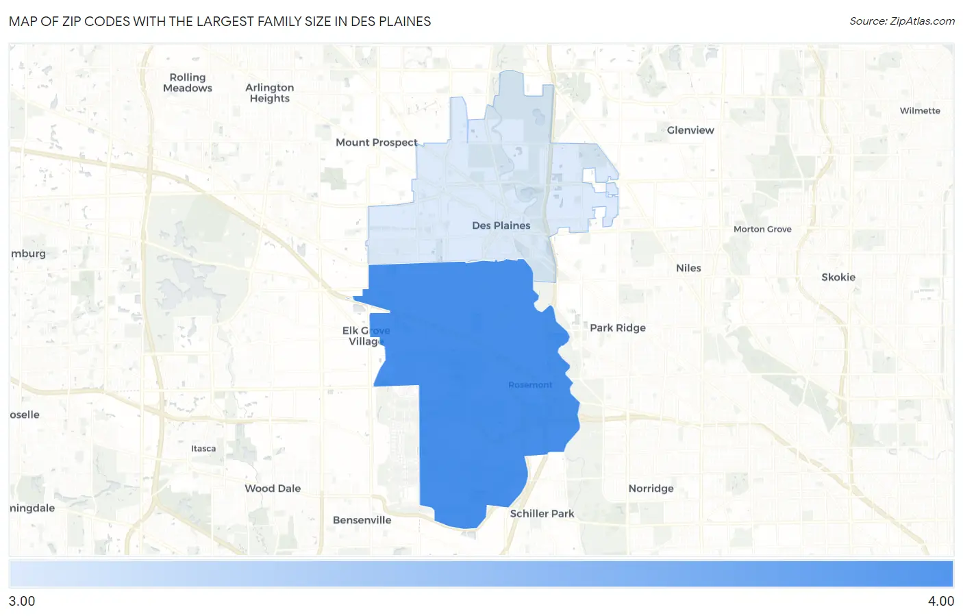 Zip Codes with the Largest Family Size in Des Plaines Map