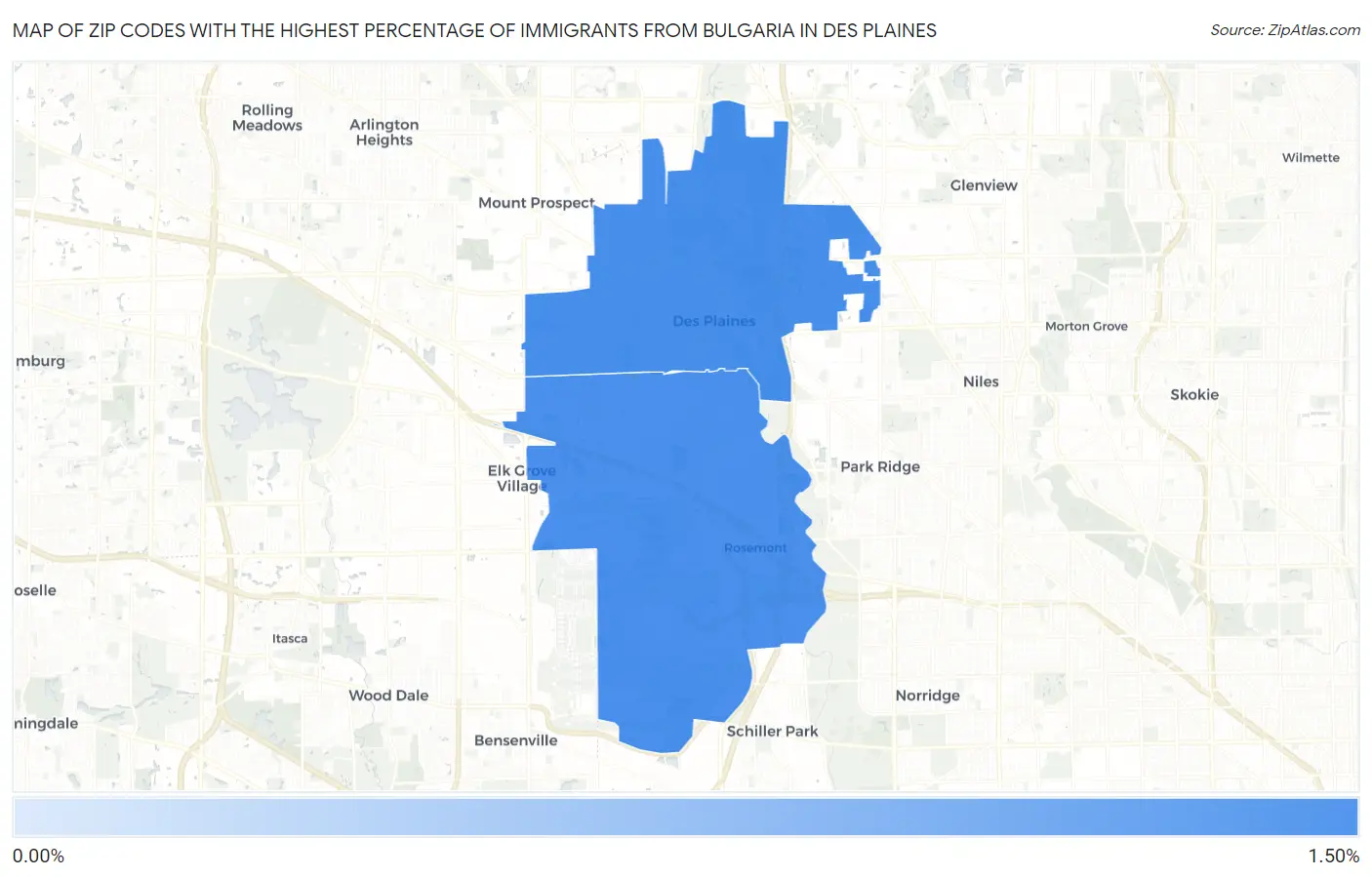 Zip Codes with the Highest Percentage of Immigrants from Bulgaria in Des Plaines Map
