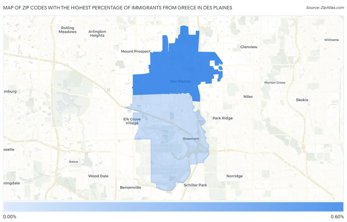 Zip Codes with the Highest Percentage of Immigrants from Greece in Des Plaines Map