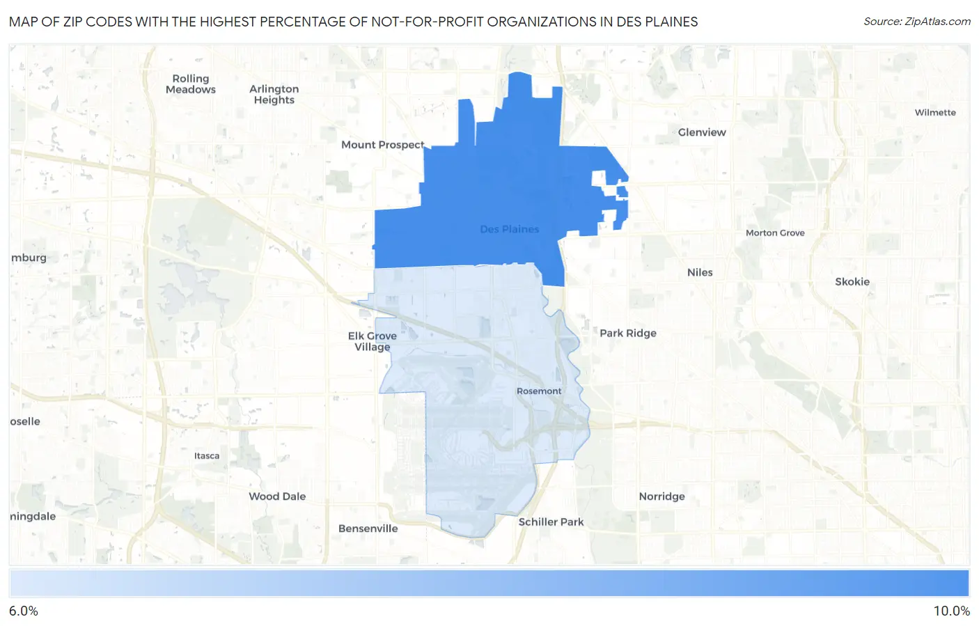 Zip Codes with the Highest Percentage of Not-for-profit Organizations in Des Plaines Map