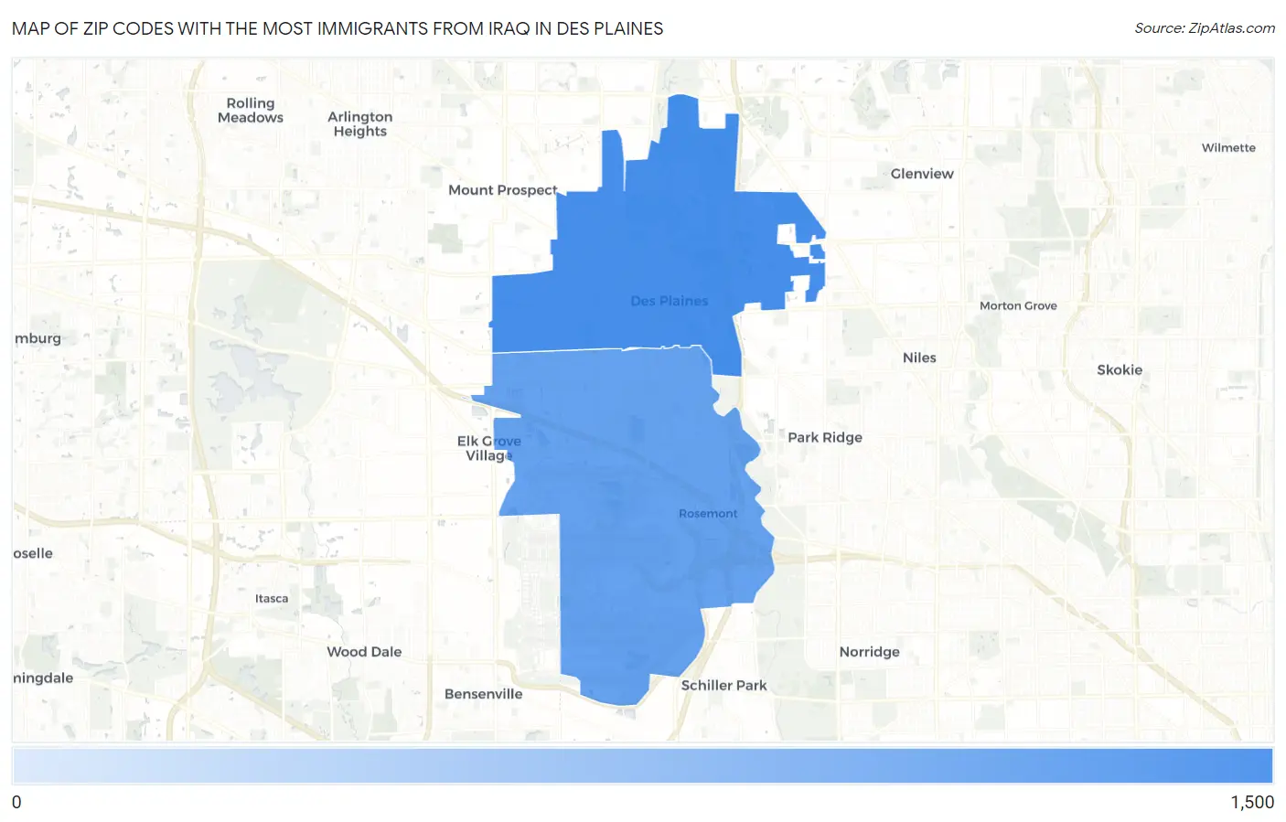 Zip Codes with the Most Immigrants from Iraq in Des Plaines Map