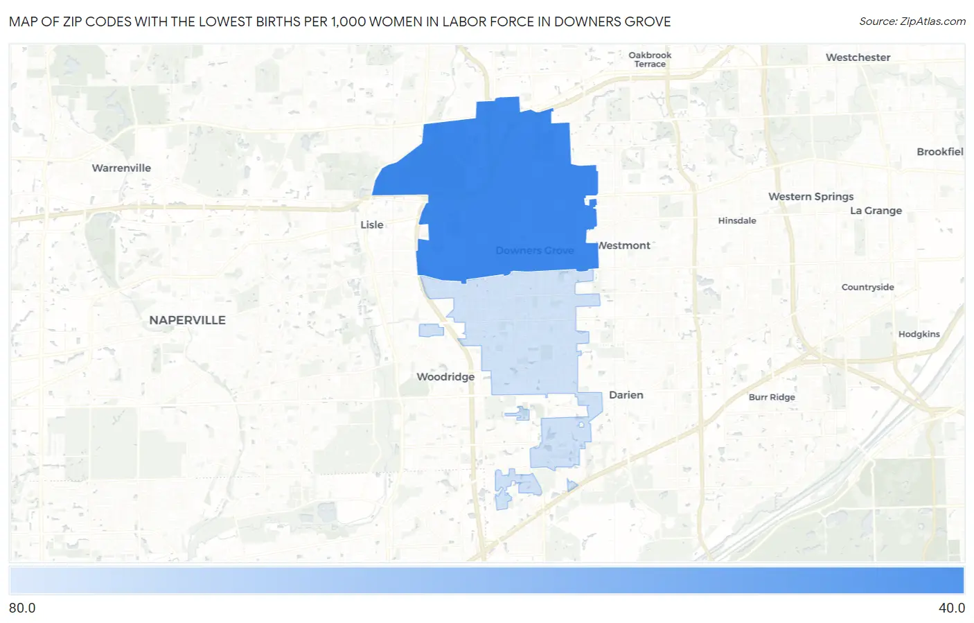 Zip Codes with the Lowest Births per 1,000 Women in Labor Force in Downers Grove Map