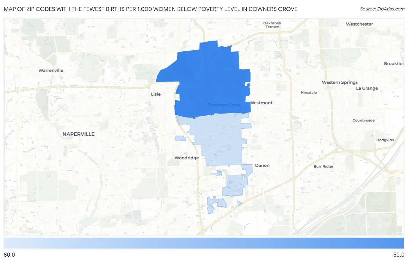 Zip Codes with the Fewest Births per 1,000 Women Below Poverty Level in Downers Grove Map