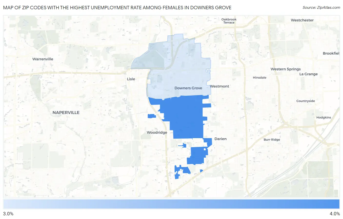 Zip Codes with the Highest Unemployment Rate Among Females in Downers Grove Map