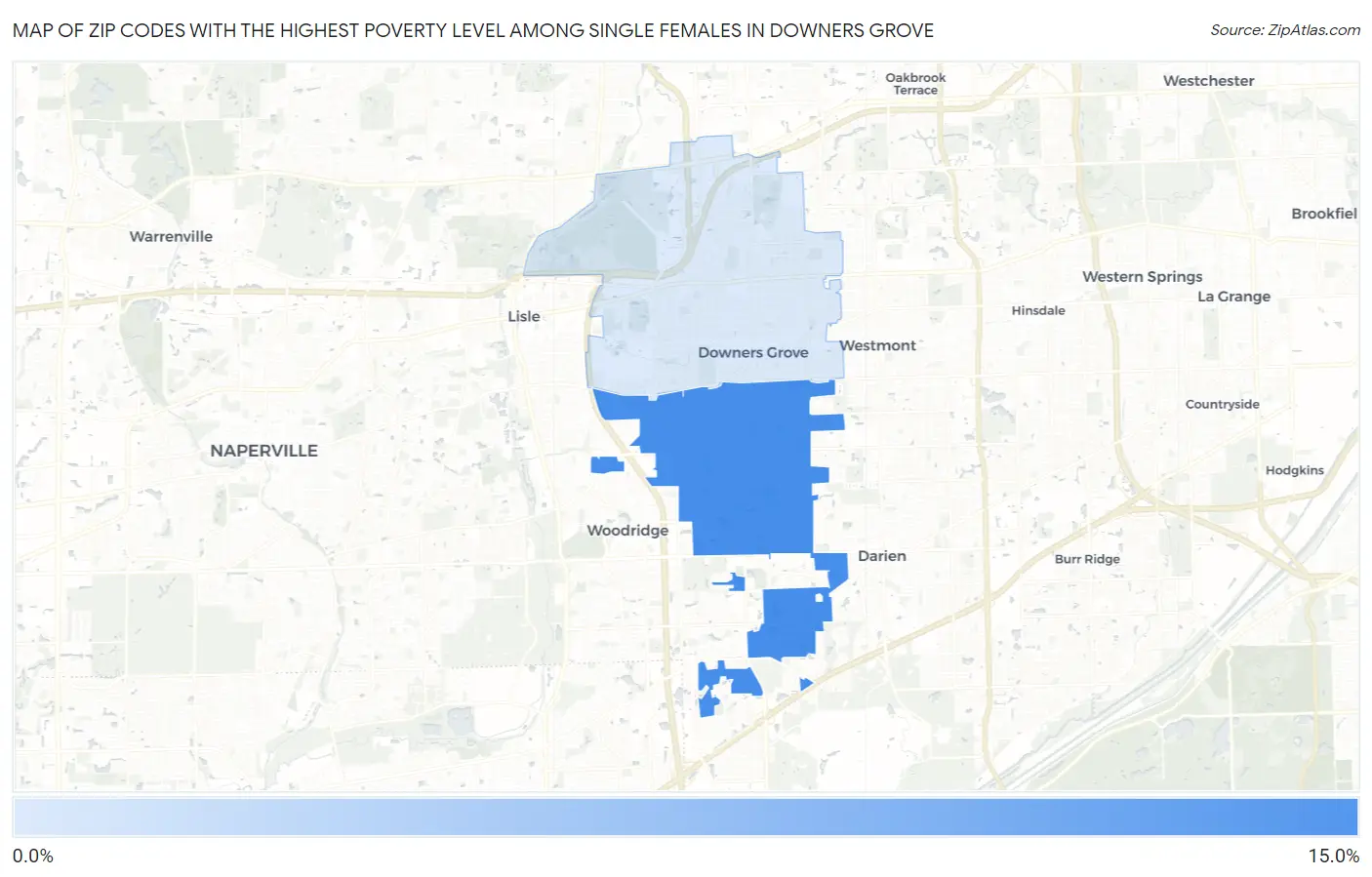 Zip Codes with the Highest Poverty Level Among Single Females in Downers Grove Map