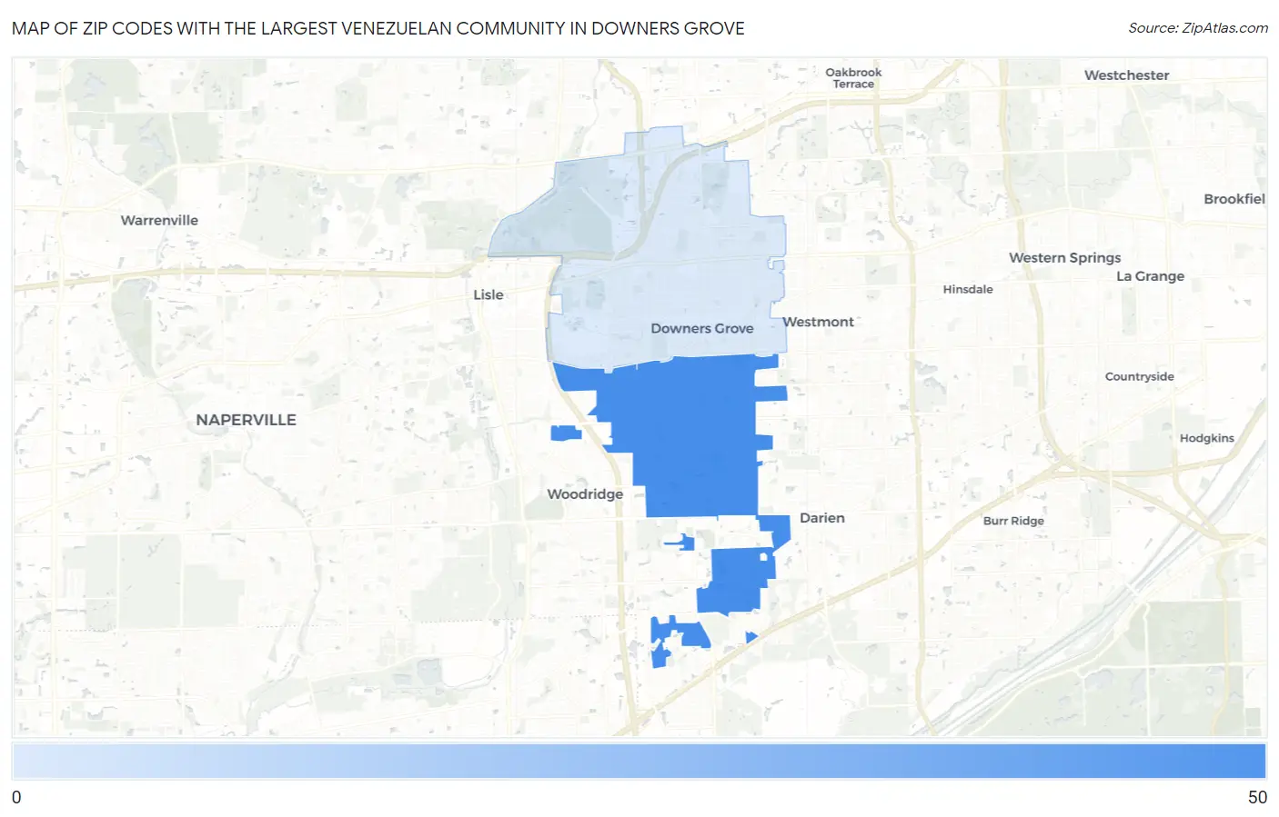 Zip Codes with the Largest Venezuelan Community in Downers Grove Map