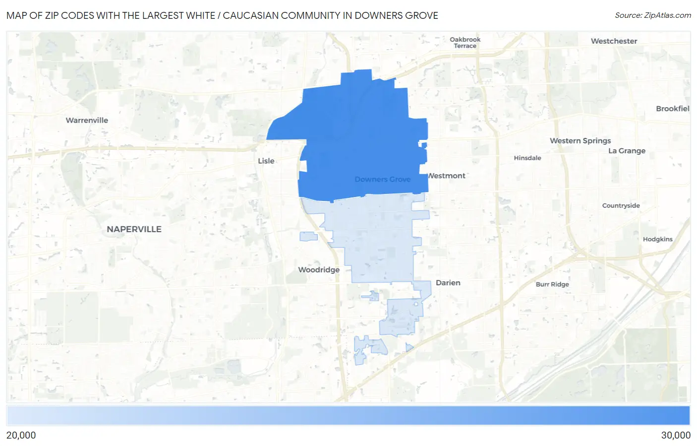 Zip Codes with the Largest White / Caucasian Community in Downers Grove Map