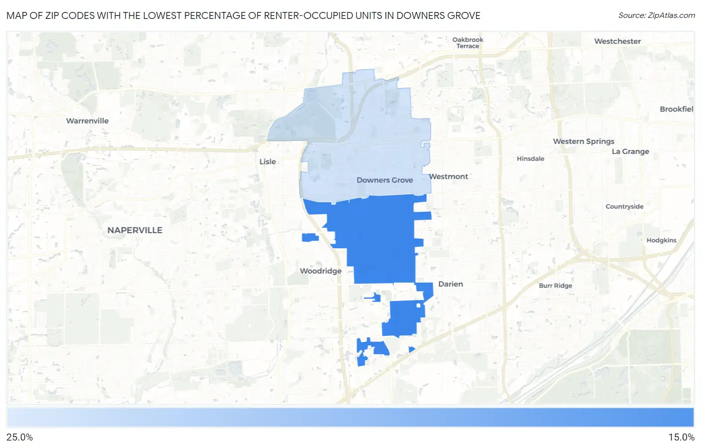 Zip Codes with the Lowest Percentage of Renter-Occupied Units in Downers Grove Map
