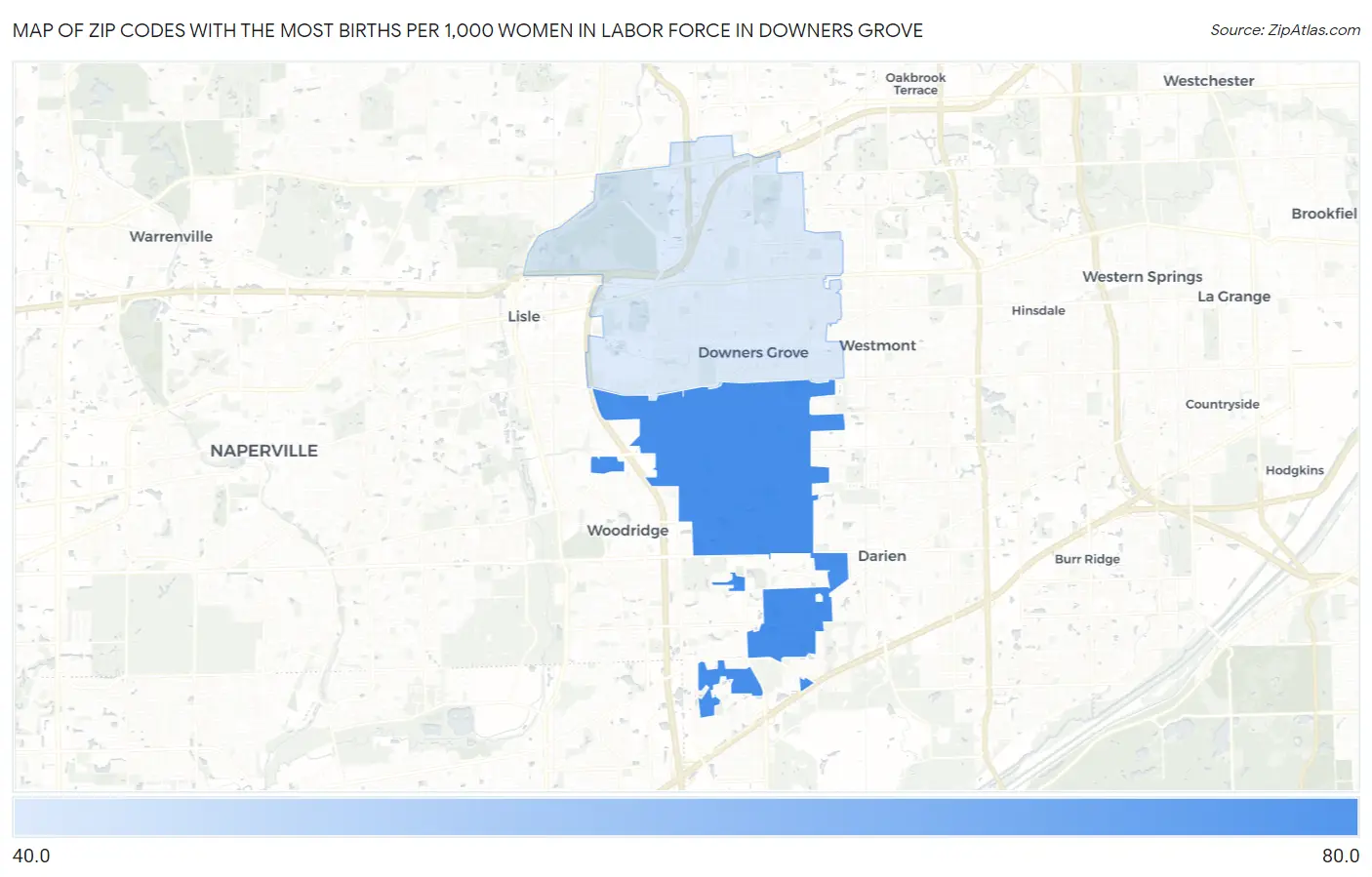 Zip Codes with the Most Births per 1,000 Women in Labor Force in Downers Grove Map