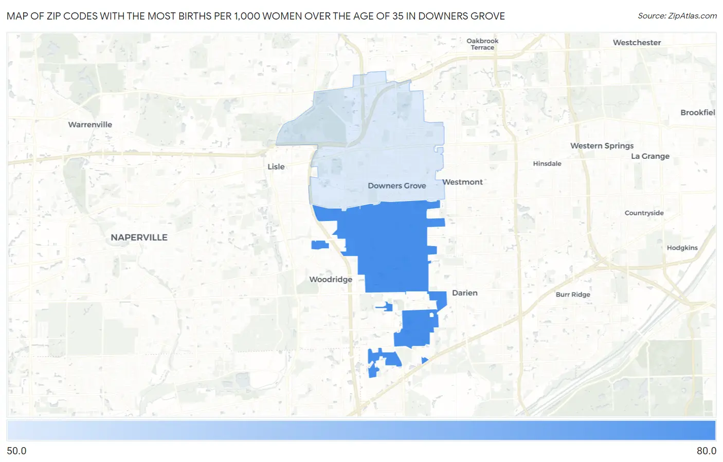 Zip Codes with the Most Births per 1,000 Women Over the Age of 35 in Downers Grove Map
