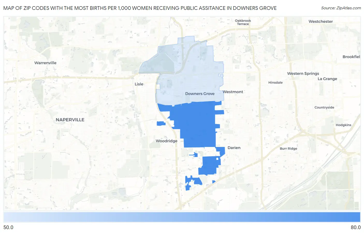 Zip Codes with the Most Births per 1,000 Women Receiving Public Assitance in Downers Grove Map