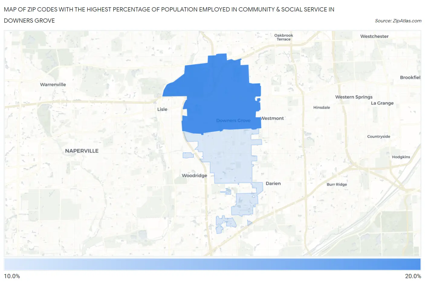 Zip Codes with the Highest Percentage of Population Employed in Community & Social Service in Downers Grove Map