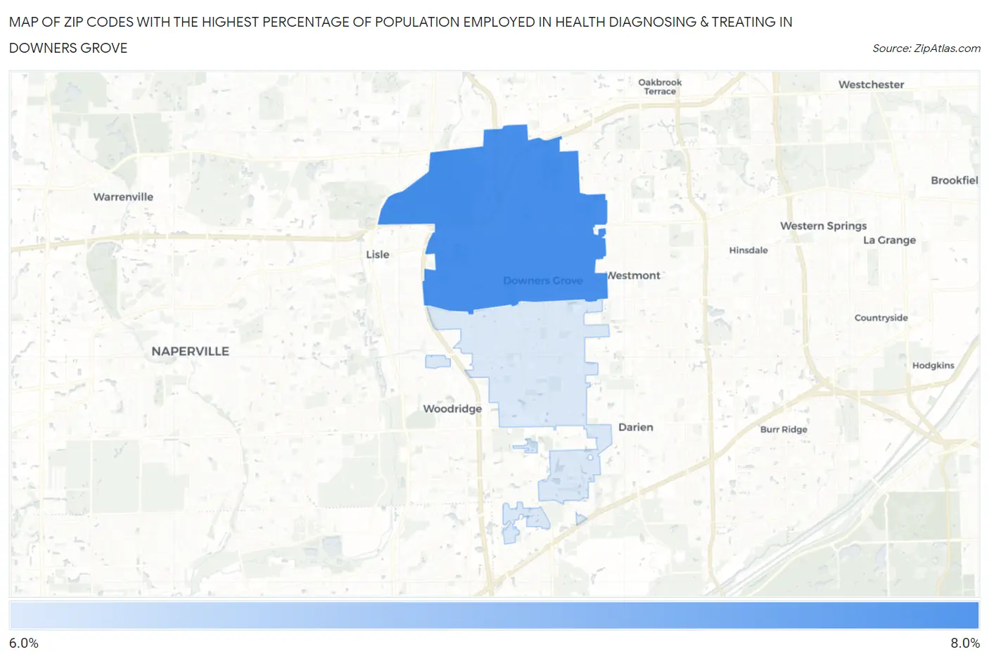 Zip Codes with the Highest Percentage of Population Employed in Health Diagnosing & Treating in Downers Grove Map