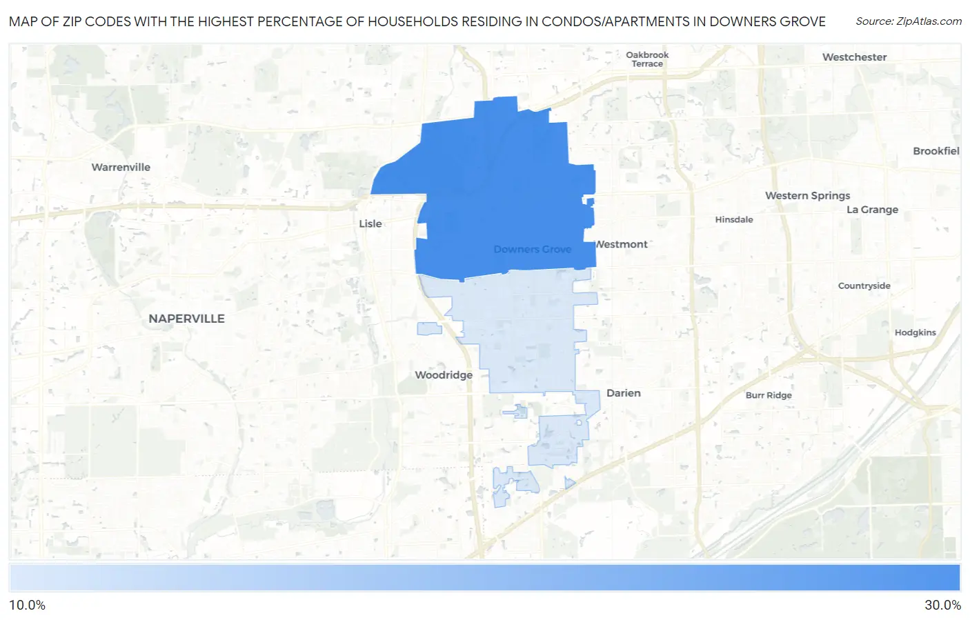 Zip Codes with the Highest Percentage of Households Residing in Condos/Apartments in Downers Grove Map