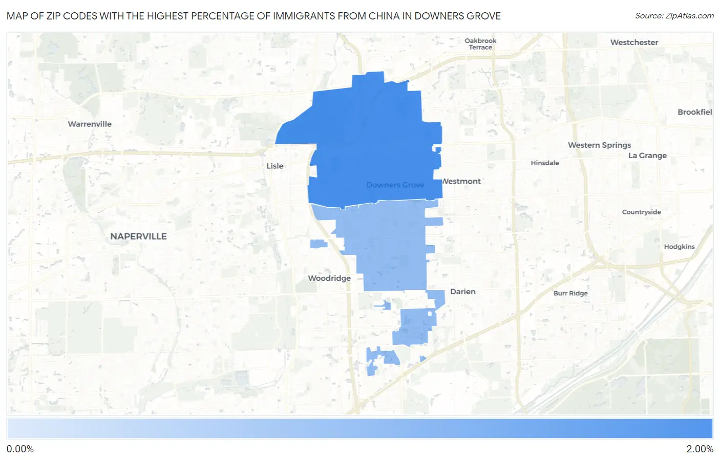 Zip Codes with the Highest Percentage of Immigrants from China in Downers Grove Map
