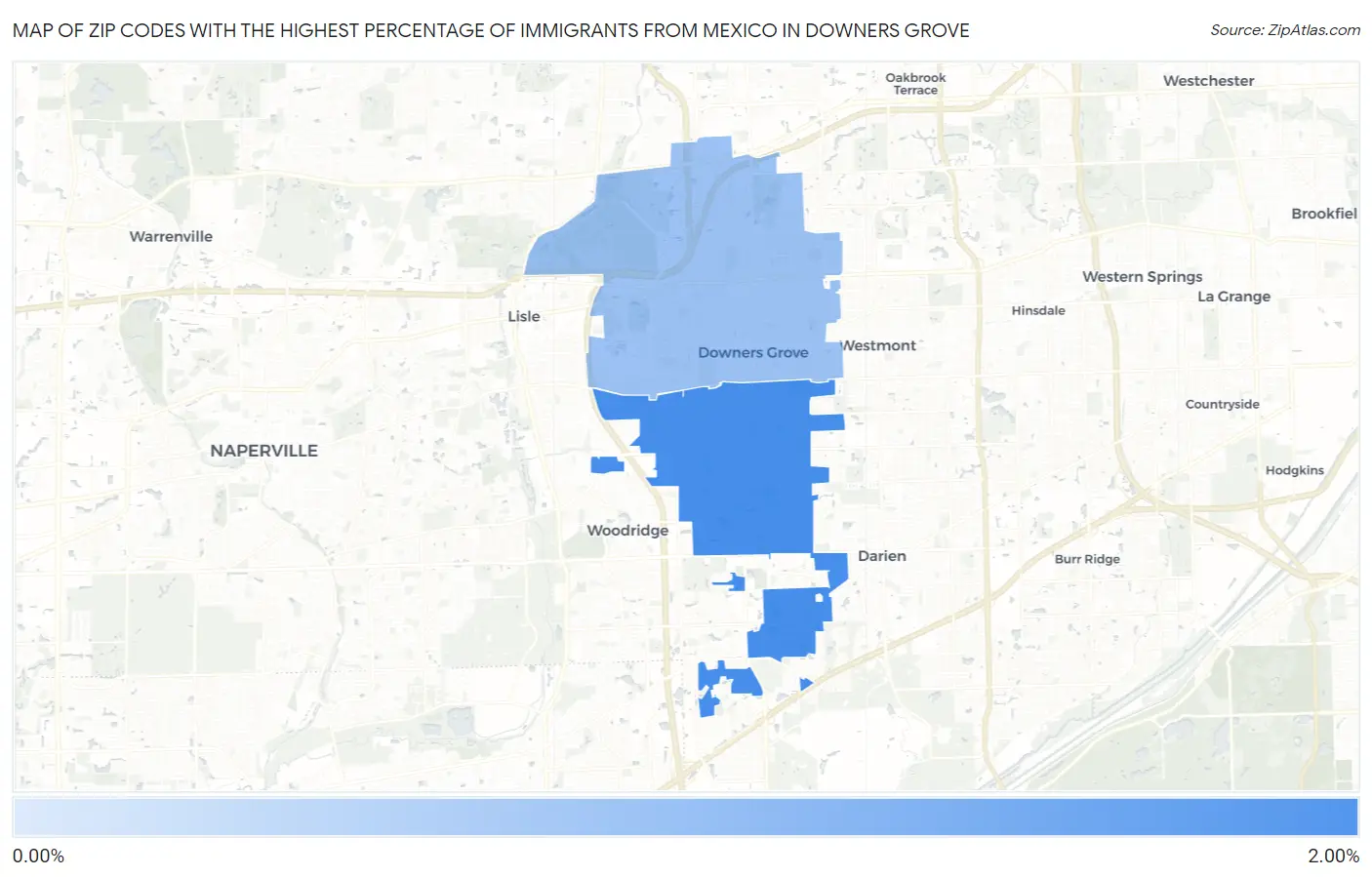 Zip Codes with the Highest Percentage of Immigrants from Mexico in Downers Grove Map