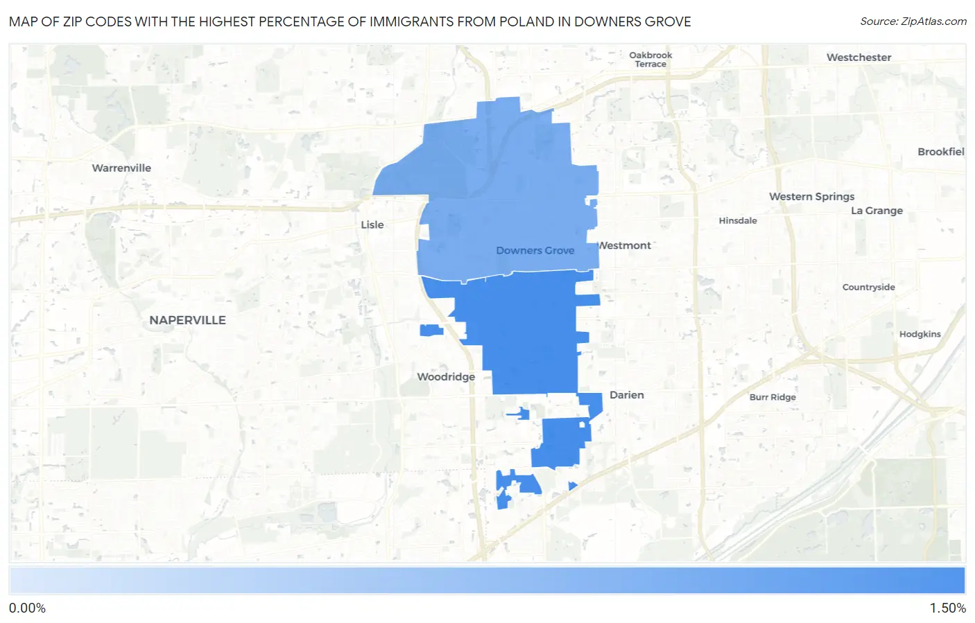 Zip Codes with the Highest Percentage of Immigrants from Poland in Downers Grove Map