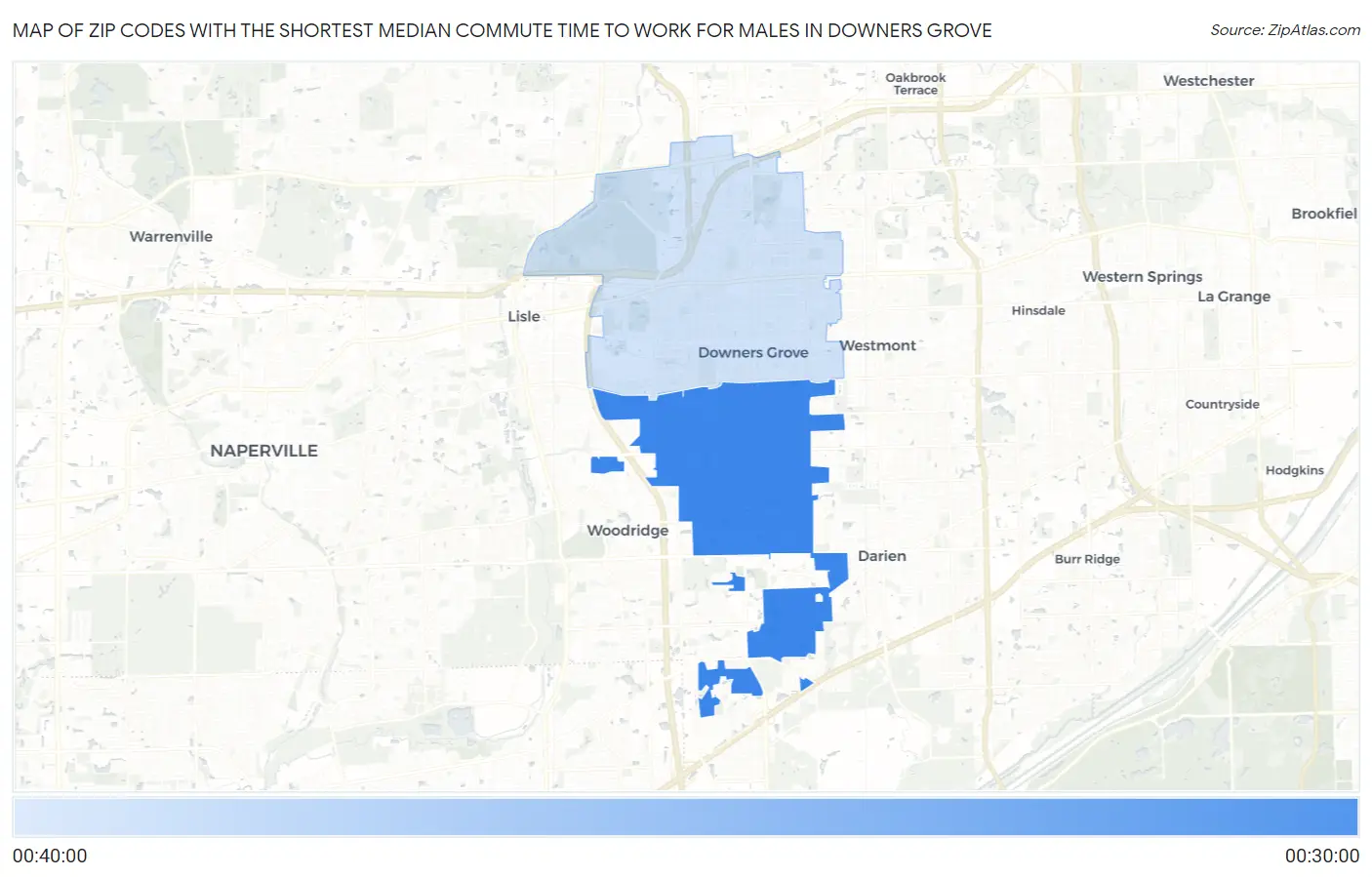 Zip Codes with the Shortest Median Commute Time to Work for Males in Downers Grove Map